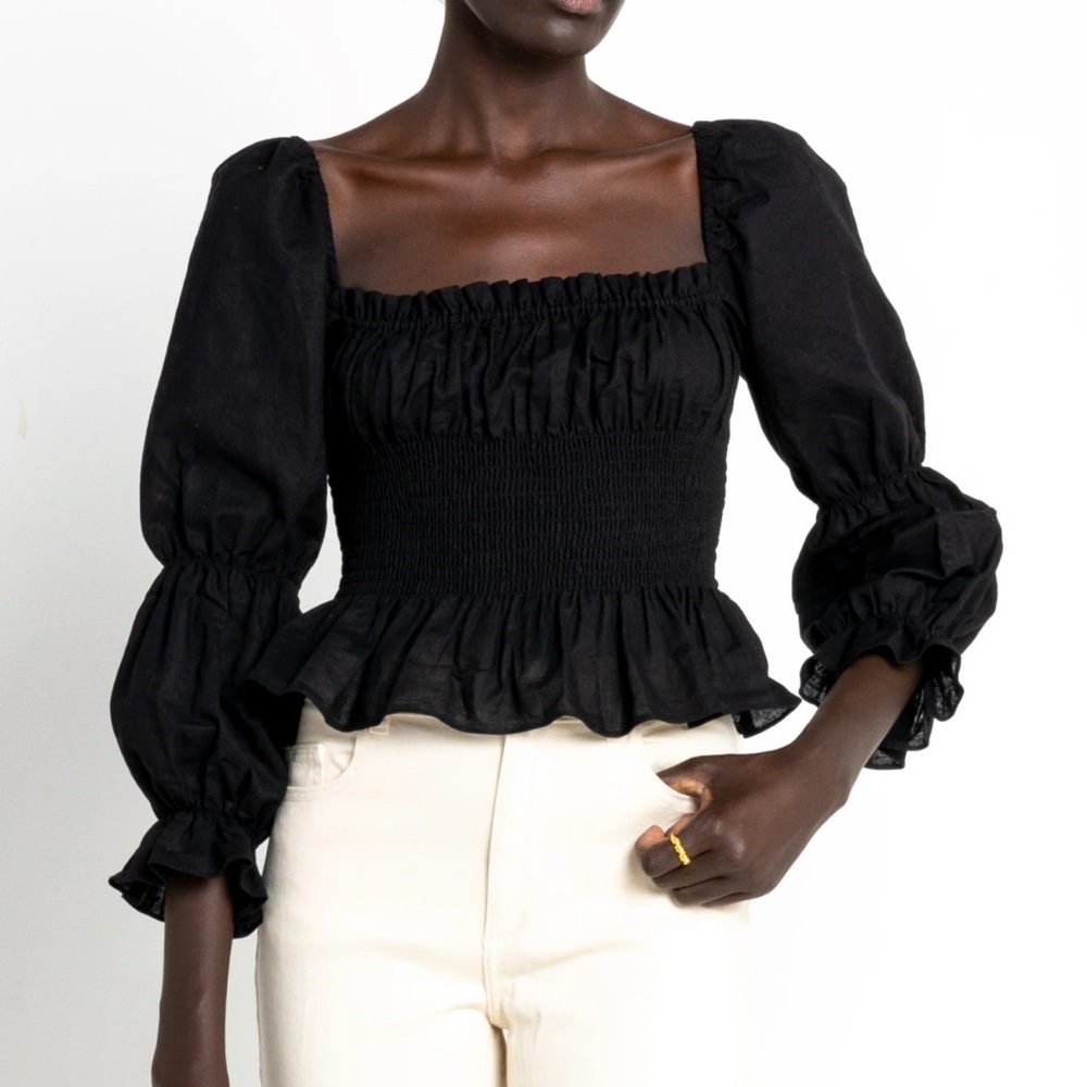 Black Smocked Women's Puff Sleeve Top